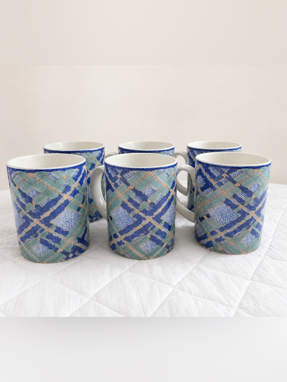 Royal Doulton Glen Ora Fine China Mugs Set of 6 Blue Plaid Vintage